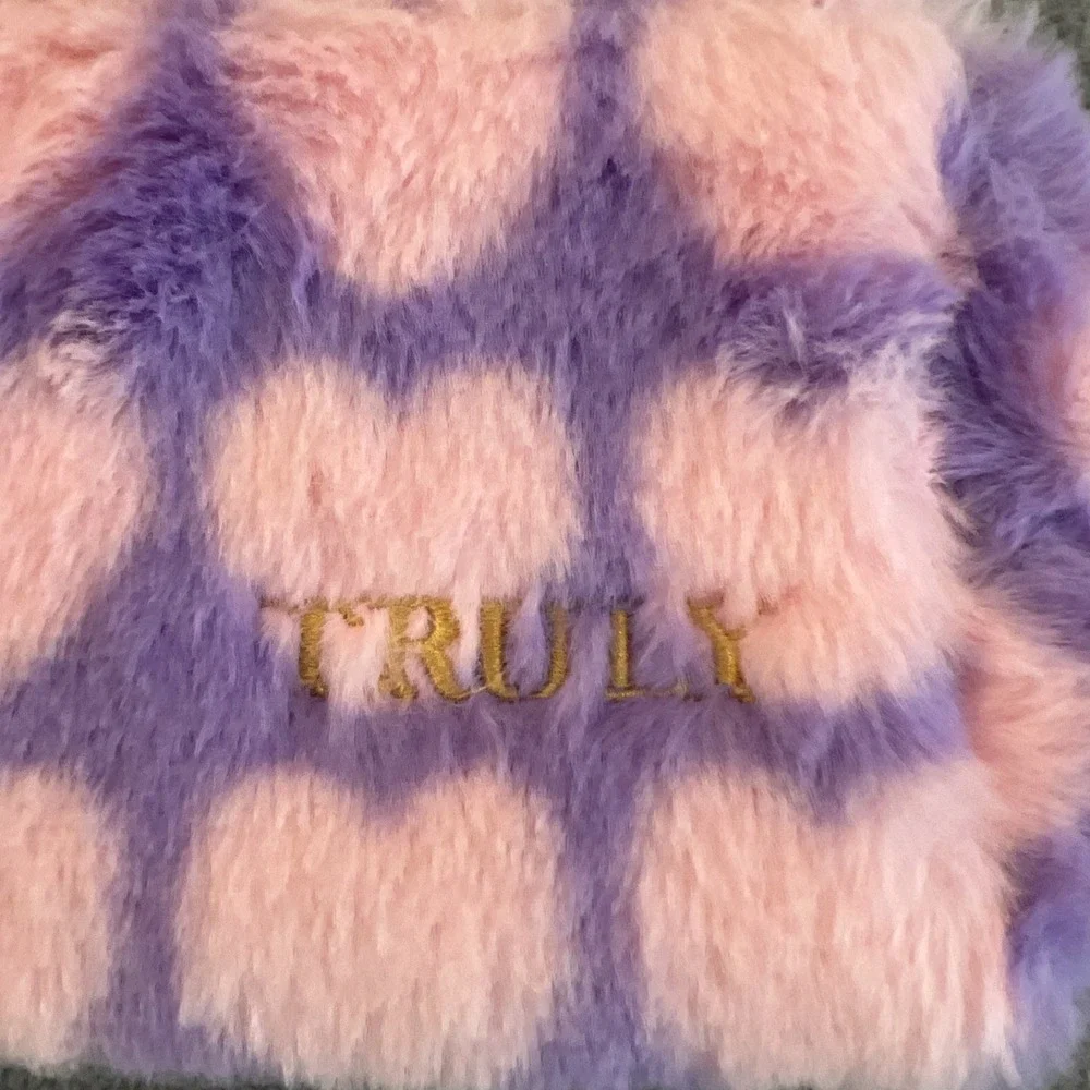Truly Beauty Makeup Bag Fuzzy Heart Cosmetics Pouch Pink Purple Travel Small NEW